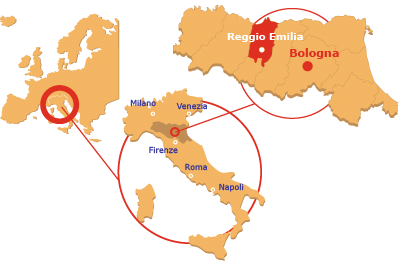 Mappa che indica la posizione dell'Emilia Romagna in Italia e dell'Italia in Europa