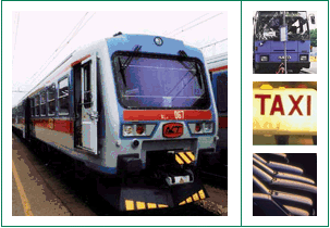 Immagini di alcuni mezzi di trasporto: treno, bus, taxi..