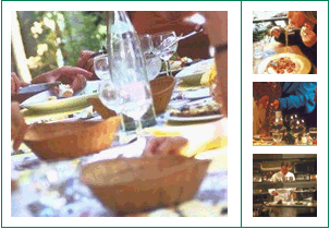 Immagini di una tavola apparecchiata, una vetrina di un self-service, una ragazza che mangia e un cameriere al tavolo