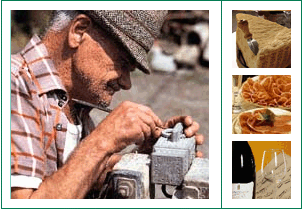 Pictures of sculptor, Parmigiano Reggiano cheese, Sausages, a bottle of wine